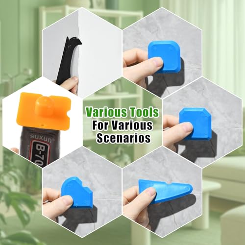 XhuangTech Caulking Tool, 5 in 1 Caulk Remover Sealant Fishing Tool with Grout Remove Scraper, 6 Replaceable Silicone Pads, Adhesive Residue Scraper Seam Repair Tool Kit for Kitchen/Bedroom/Joint