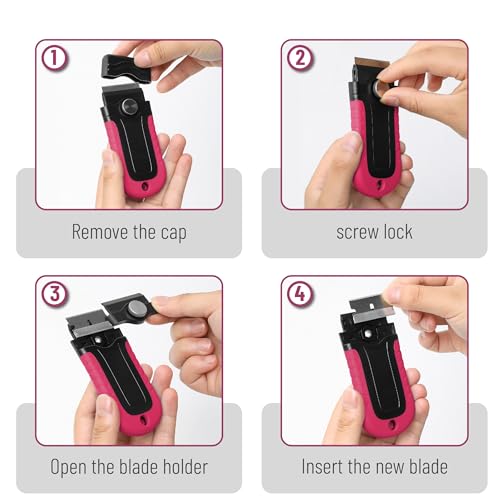 Bates- Razor Blade Scraper, Pink, Locking Razor Scraper Set with 10 Extra Stainless Steel Blades, Window Scraper, Scraper Tool, Glass Scraper, Scraper Blades, Paint Scraper Blade Scraper for Cleaning - color: Pink