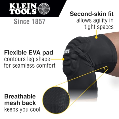 Klein Tools 60614 Knee Pads, Lightweight Padded Knee Sleeves, Breathable Mesh Back, Elastic Cuff with Slip-Resistant Silicone, S/M, Black - size: S/M