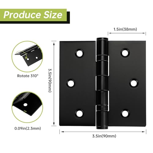 3 Pack Black Door Hinges 3.5 x 3.5 Inches, Heavy Duty Stainless Steel Ball Bearing Hinges with Screws, Square Corner, Smooth and Quiet - size: 3.5x3.5inch - 3 Pack