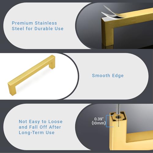 KNOBWELL 6Pack 5 Inch Brushed Gold Cabinet Pulls Stainless Steel Kitchen Cabinet Handles Square Drawer Pulls Modern Cabinet Hardware Handles，128mm Hole Centers - color: Brushed Gold, size: Hole Center:5 inch(128mm)