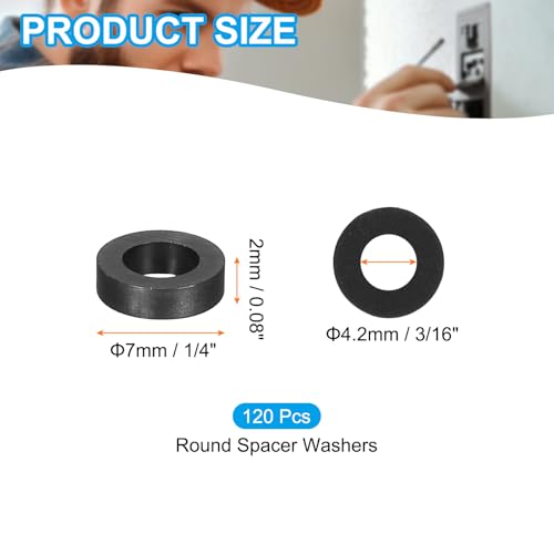 PATIKIL 120Pcs ABS Spacers 4mm ID, 7mm OD, 2mm Height Plastic Round Stud Spacer Black Nylon Washers Nut Unthreaded Rubber for M4 Screws Bolts Barrel - size: 4mm ID, 7mm OD, 2mm Height