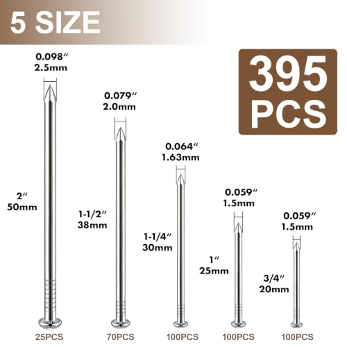 395Pcs Nails Assortment Kit, 5 Sizes Silver Hardware Nails for Hanging Pictures, Frames, Wood, Wall, Home DIY