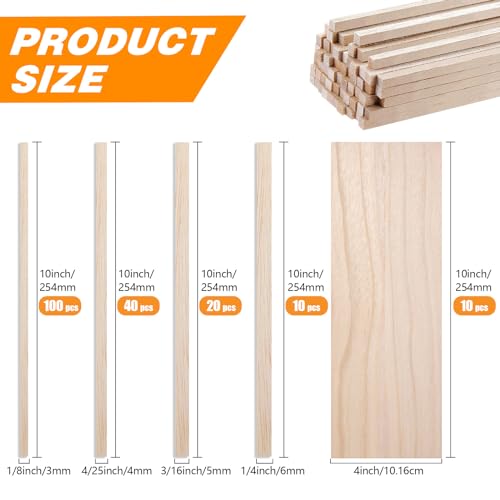 180Pcs Balsa Wood Sticks, Hardwood Square Dowels Unfinished Wooden Strip