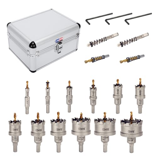 12Pcs (13-54mm) TCT Carbide Hole Saw Kit for Hard Metals. Includes 2 Titanium, 1 Stepped Pilot Drill Bit, and 2 Hex Keys. Ideal for Stainless Steel, Iron, Aluminum, Alloys, and Other Metals - size: 12 in 1(13-54mm)