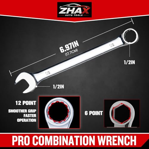 zhax 1/2" SAE Combination Wrench, 12 Point Box End, 15 Degree Offset Design, Mirror Polish Finish, Forged CR-V Steel, Hand Tools for Mechanics, Ideal for Auto and Home Repair - size: 1/2"