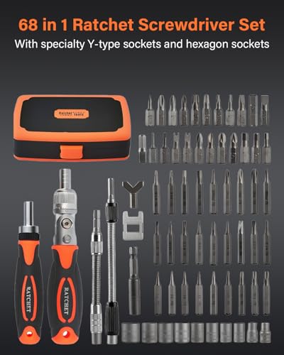Ratcheting Screwdriver Set, 68 in 1 Socket Set & Magnetic Screwdriver Bit Set with Rotatable Ratchet Handles, Extensions Bar and Storage Case for Phone, Computer, Bike, Car, Electronics Maintenance - color: Orange