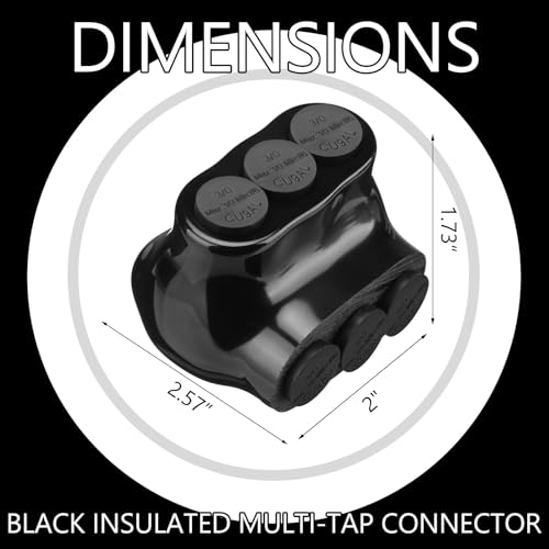 Kanayu 5 Pcs Black Insulated Multi Cable Connector, 3 Ports Electric Wire Connectors and Soldering Lugs, Single Side Entry Cable Splicers, with Oxide Inhibitor (3/0-6 Awg Range,2.57" X 1.73") - size: 3/0-6 AWG Range, 2.57" x 1.73"