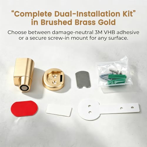 2 Pcs Magnetic Door Stopper for Bottom of Door,Adjustable Door Holder | No Drilling Adhesive Magnetic Door Stop, Keep Door Open, Windproof Door Catch for Home, Pet and Renters, Brushed Gold
