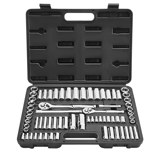 VEVOR Socket Set, 69 Pieces, 3/8 & 1/4 inch Drive Socket and Ratchet Set, SAE and Metric, Deep and Standard, Mechanic Tool Kit with Accessories and Storage Case, CR-V Alloy Steel, for Auto Repair - size: 69-PCS, style: 69 PCS
