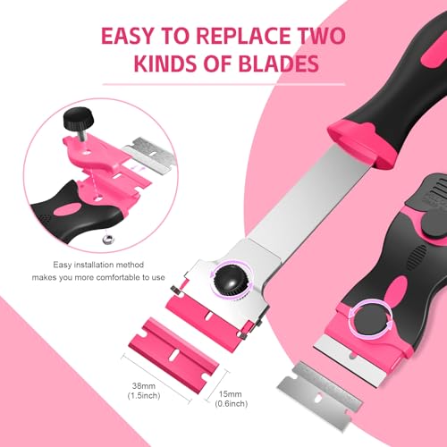 3 Pack Razor Blade Scraper Set, Includes 30 Plastic & 30 Metal Blades(Pink) - color: Pink