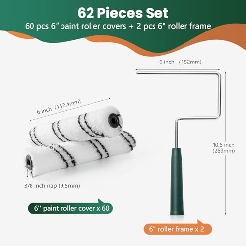 Paint Roller Covers, 60 Pack, 6 Inch, 3/8 Inch Nap - size: 6 inch paint roller 60 pack