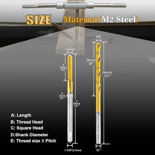 5-40 UNC Tap and #38 Drill Bit Set,M2 HSS Threading Drill and Tap Set - size: 5-40 UNC Tap & #38 Drill