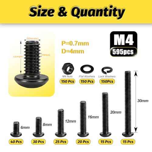 KADRICK 595Pcs M4 Screw Kit,Hex Socket Button Head M4 Bolts Length 6MM-30MM - size: M4 600Pcs 6-30mm