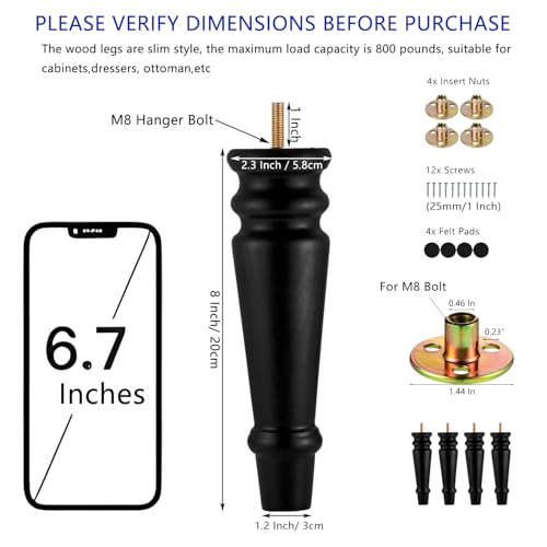Maricome Furniture Legs 8 inches Set of 4 Pre-drilled M8 Bolt Wood Bun Replacement Legs for Sofa Couch Cabinet Chair Black Solid Round Turned Screw in - color: 8 Inch Black