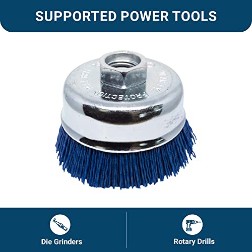 Benchmark Abrasives 3” Nylon Wire Wheel Cup Brush with 5/8"-11 Female Thread, Perfect for Rust or Paint Removal, Sanding, Polishing, Scrubbing, Heavy Grout Removal - (Blue) - color: Blue