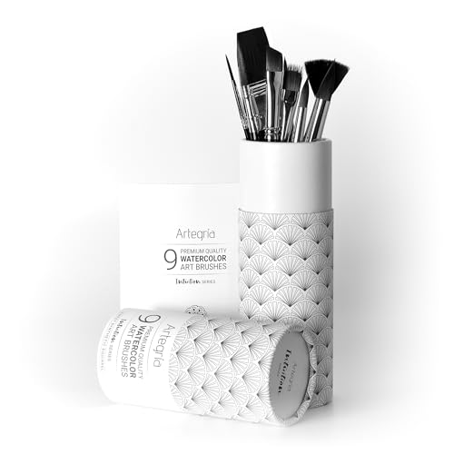 ARTEGRIA Watercolor Brush Set, 9 Soft Synthetic Squirrel Brushes - color: Black - 9pcs