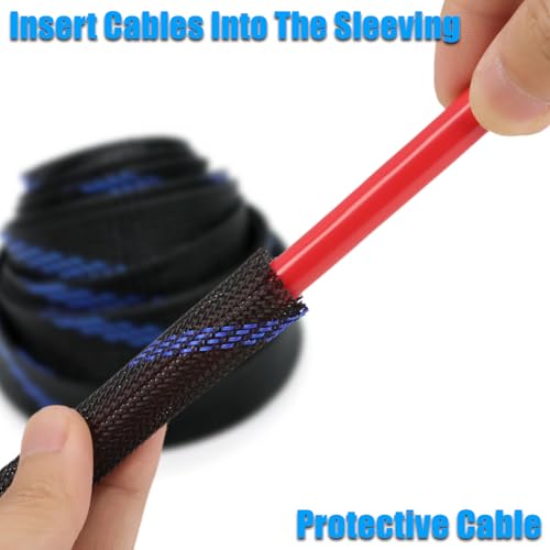 25ft PET Expandable Braided Cable Sleeve 1/2inch(12mm) Pet Braided Cable Sleeve for Audio Video Device Wire Automotive Wire (Black Blue) - color: Black Blue, size: 12mm"(1/2 inch)
