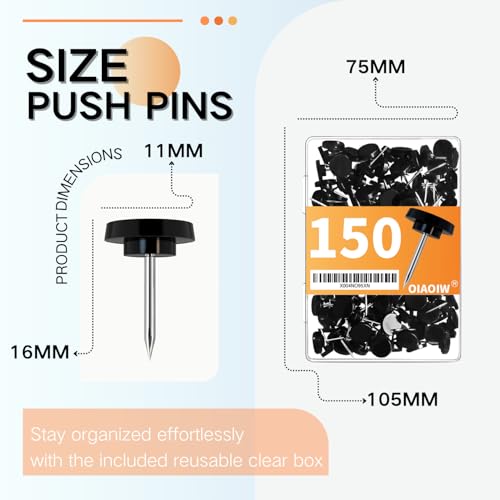 150PCS Black Thumb Tacks for wall Push pins for wall thumbtacks for Hanging - color: Black