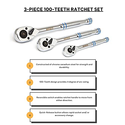 Neiko 03000A 100-Tooth Quick-Release Ratchet-Wrench Set, 1/4-Inch-, 3/8-Inch-, and 1/2-Inch-Drive Ratchets, 3.6-Degree Swing, CrMo Steel, 3-Piece Set - size: 1/4", 3/8", 1/2" Drives, style: Ratchet