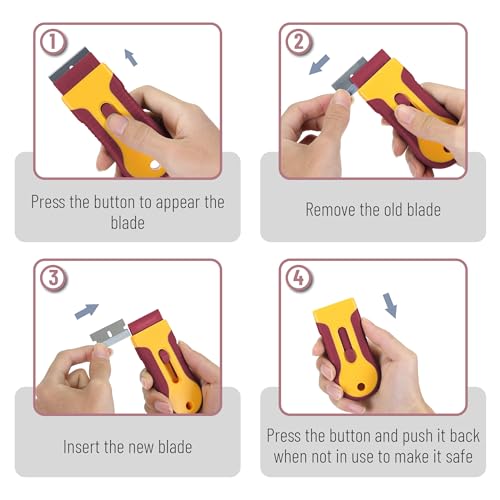 Bates- Razor Blade Scraper Tool, 2 Pack, 30 Extra Steel Blades, Anti-Slip Ergonomic Handle Design, Razor Scraper Set for Cleaning Window, Paint, Oven, Glass, Stove - color: Yellow and Red