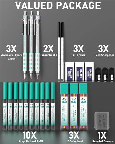 Nicpro 3 Pack Blocky Gear 2.0 mm Metal Mechanical Pencils Set with Case - style: 2.0mm