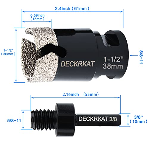 1-1/2” Diamond Core Drill Bit 38mm Vacuum Brazed Hole Saw with Cutting Flutes for Granite Quartz Porcelain Tile Hard Materials 5/8-11 Female Thread & 3/8” Hex Shank Adapter Fit Angle Grinders & Drills - size: 1-1/2”（38mm）