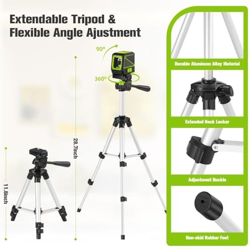 Laser Level with Tripod, 100 Ft Manual Self leveling Laser Level, Green Cross Line，Use for Picture Hanging Floor Construction Tile Wall Home Renovation, Indoor Project, Battery Included（Green) - color: Green