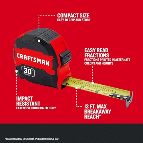 CRAFTSMAN 30-ft Tape Measure with Fraction Markings, Retractable (CMHT37445S) - size: (Pack of 1)