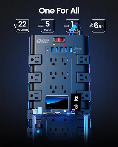 SUPERDANNY Power Strip Surge Protector, 22 AC 6 USB, 2100J, 6.5Ft,1875W/15A - color: Black, size: 6 USB - 6.5 ft