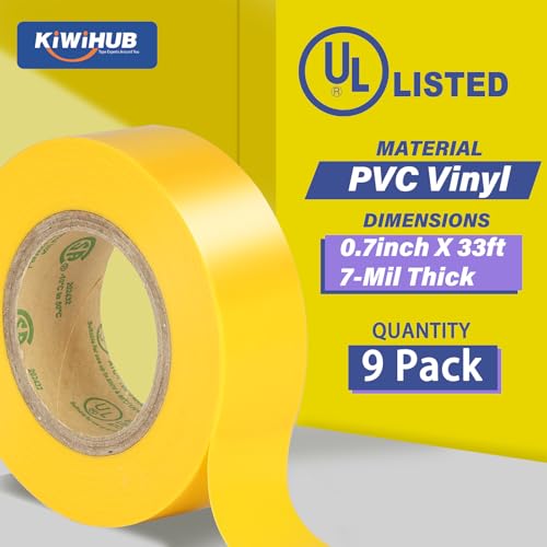 Yellow Electrical Tape, UL Approved, 0.7in x 33ft, 9 Pack - color: Yellow