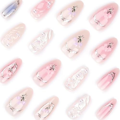 3D Flower Press On Nails Almond Shape – Medium Length Glossy Nude Pink Fake Nails with Pearls & Gold Details, Acrylic Reusable Stick On Nails for Women, Elegant Floral False Nails for Wedding Party - color: 2-Dreamy Flower Shadow