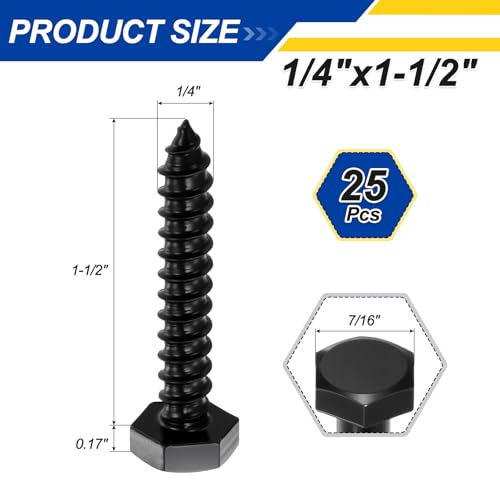 25 Pcs Hex Head Lag Screws 1/4" x1-1/2 SS 18-8 (304) Lag Bolts - color: Black, size: 1/4"x1-1/2"