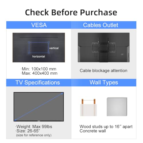 Suptek Tilt TV Wall Mount for Most 26-65 inch LED, LCD and Plasma TV, Max 400x400mm VESA and 99lbs Load Capacity, Fits Studs 16" Apart, Low Profile - size: 26"-60" TV - for wood studs up to 16"
