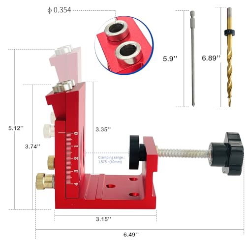 Pocket Hole Jig Kit Adjustable Hole Woodworking Tool with 2 Drill, Pocket Dowel Hole Jig System Set for 15 Degree Joint Angle