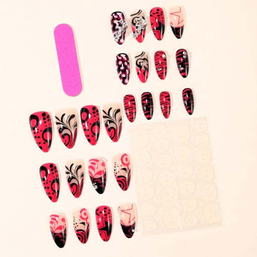 Medium Almond Press On Nails Pink with Y2K Star Rhinestones Curve Lines - color: Style1