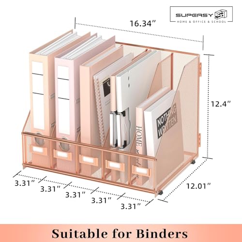 SUPEASY Desk Organizers Metal Desk Magazine File Holder with 5 Vertical Compartments Rack File Organizer for Office Desktop, Home Workspace, Rose Gold, Plus - color: Rose Gold, size: Large