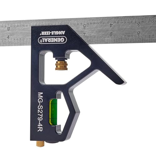 General Tools MG-S279-4R Aluminum Combination Square - Square, Ruler, Protractor, and Centering Gauge All-in-One Measurement Woodworking Tool with Integrated Level and Scriber