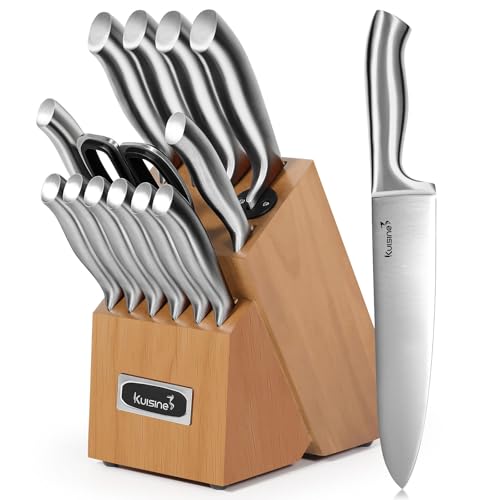 Kuisine Premium Sharp Knife Set,High Carbon Stainless Steel Sharper Blade Ergonomic Non-slip Handle,Kitchen Block Knife Set Chef Knife Block Set with Built-in Sharpener(Acacia, 15PCS) - color: ET Acacia Wood