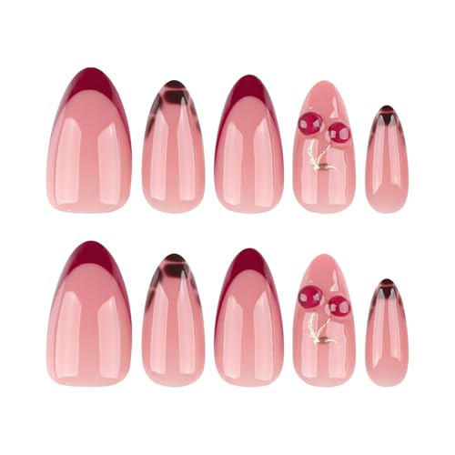 Mivota Medium Press On Nails Almond – 3D Cherry Design with Gold Branch, Red French Tips & Leopard Pattern, 24PCS Acrylic Fake Nails with Glue & Tools, Glossy Reusable Stick On Nails for Women - color: 51-French Cherry