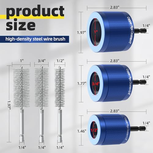 1/2",3/4" & 1" Copper Pipe Cleaner for Drill w/ID Brushes & Brush Blades | Complete Kit:1/2",3/4",1in copper pipe cleaners + 3 ID wire bore brushes(/2",3/4",1in) + 6 stainless blades(3 pre-installed)