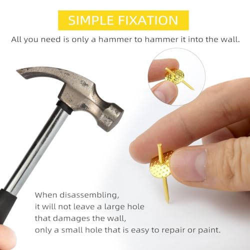 50 Pcs Picture Frame Hangers Kit Picture Hanging Tacks Picture Hangers for Drywall Wooden One Step Picture Hangers Nails for Mirror Photo Clock Iron Alloy Nail Hooks Plaster Picture Hanging Kit (Gold)