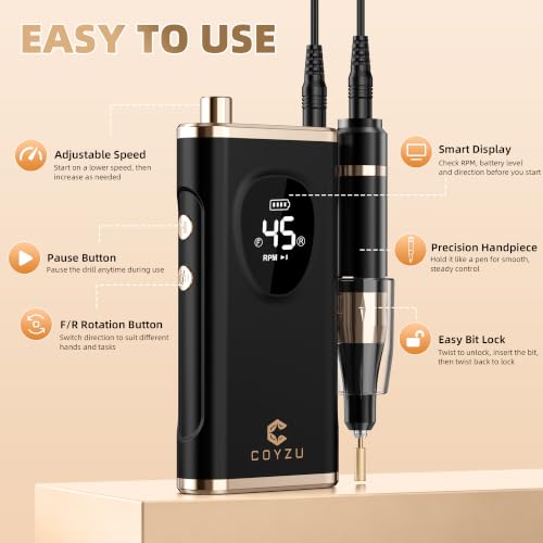 Professional Electric Nail Drill Rechargeable Nail File - color: Black Gold