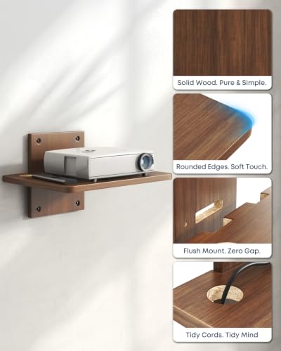 Floating TV Projector Shelf Wall Mount - 1 Tier Wooden Shelf, Walnut Brown - size: 1-Tier Shelf