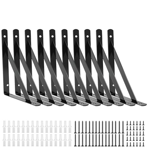 10 Pack L 8" x H 5" Heavy Duty Shelf Brackets with Screws Open Floating Shelving Bracket L Brackets Black Metal Shelf Brackets for Shelves, Room, Pantry,Garage - size: L 8" x H 5" x W 1", style: 10 Pack-Black