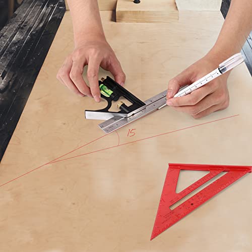 Rafter Square and 12 inch Combo Square Set, Carpentry Squares, Combination Square with Bubbles/45°/90°/180° Woodworking Square, Aluminum Carpenter Measuring Tool Kit(Red) - color: Red