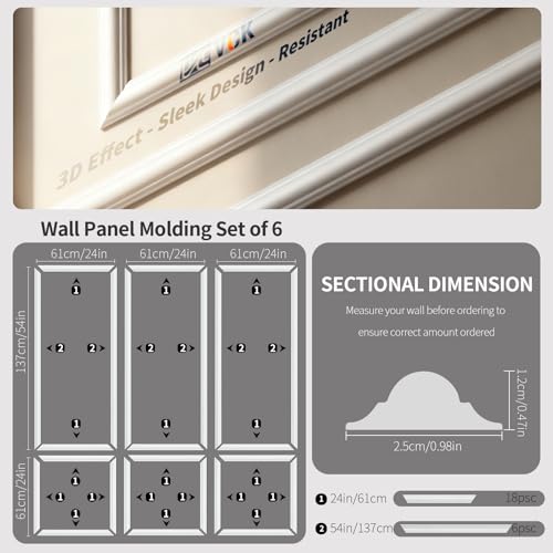 VCK Pre-Cut Wall Molding Set of 6 | Wainscoting Panels Kit for Accent Wall | Ready-to-Assemble Wall Panels for Living Room, Bedroom | Easy DIY Installation with Glue (3 Top & 3 Bottom) - size: 54x24