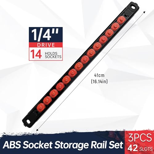Reniteco Magnetic Socket Organizer, 1/4-Inch Drive ABS Sockets Rail, Heavy Duty Sockets Holder, Socket Rack Kit 1/4-Inch x 14 Clips - color: Red, size: 1/4" DR