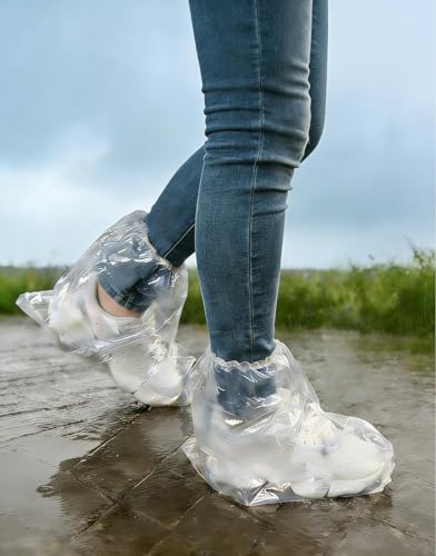 10 Pairs Waterproof Shoe Covers for Rain - Plastic Rain Shoe Covers Disposable - Water Proof Shoe Ponchos For Men and Women Outdoor Indoors Boot Protector Non-Slip (Clear)