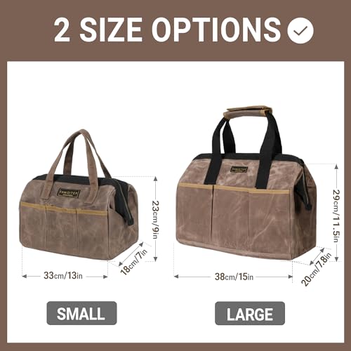 Tool Bag, 15-inch Heavy Duty 16oz Waxed Canvas Wide Mouth Water-Resistant Tool Bag, Tool Tote with Handle for Tools, Wrenches, Screwdrivers (15 X 7.8 X 11.5 inch) | Grey - color: Grey, size: 15 Inch